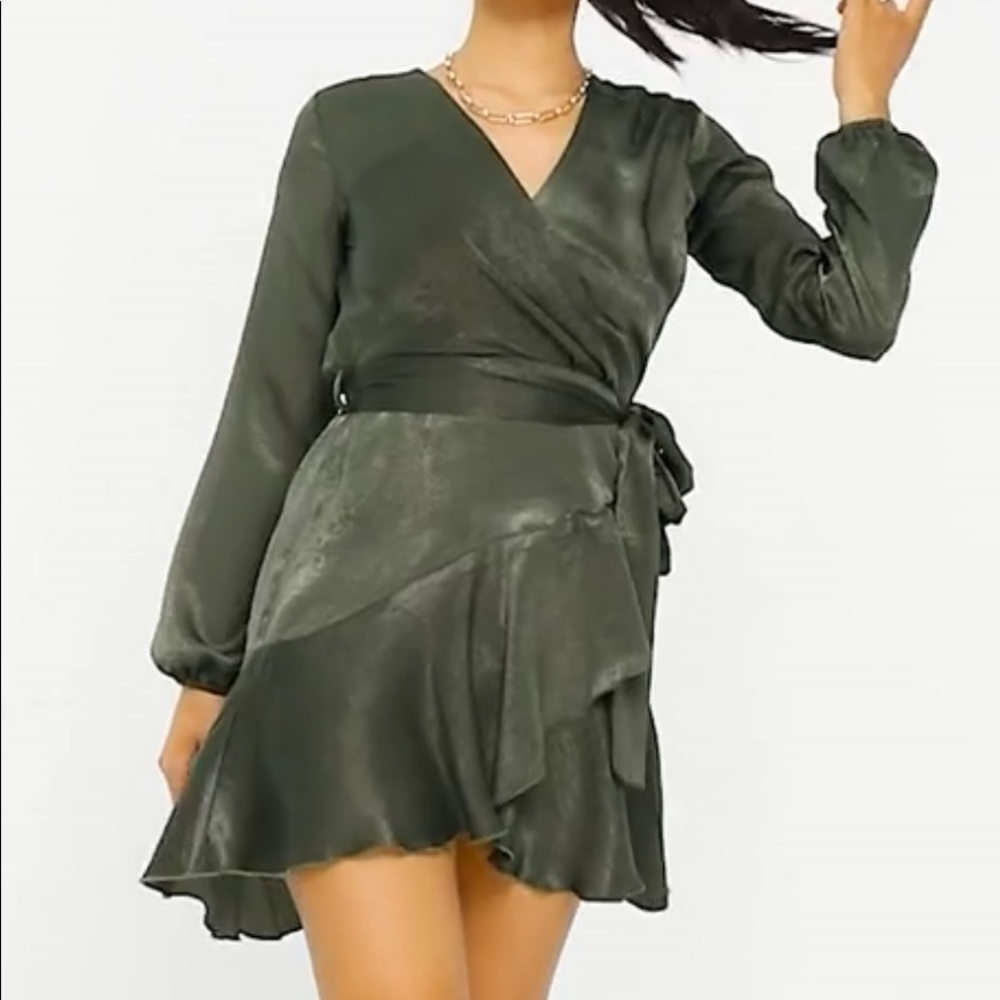 Satin Olive Wrap mini dress